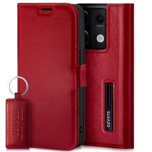 SURAZO Premium Slim Magnet Handyhülle für Redmi Note 13 Pro 5G Hülle Leder – Klappbare Echtleder Schutzhülle [mit Kartenfach, RFID Schutz] Flip Klapphülle Wallet Case Cover Lederhülle (Costa Rot) von SURAZO