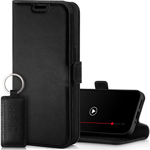 SURAZO Premium Slim Magnet Handyhülle für Samsung Galaxy A34 5G Hülle Leder – Klappbare Echtleder Schutzhülle [mit Kartenfach, RFID Schutz, Keyring] Klapphülle Wallet Case Cover Lederhülle (Schwarz) von SURAZO