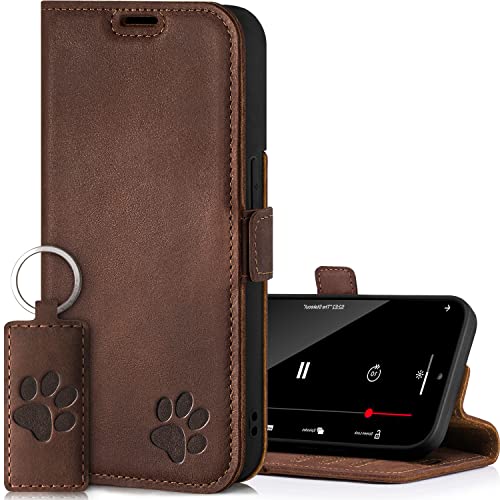 SURAZO Premium Slim Magnet Handyhülle für Samsung Galaxy S23 Hülle Leder – Echtleder Schutzhülle mit Pfote Motiv – RFID Klapphülle [Standfunktion, Kartenfach] Flip Cover Case Lederhülle (Nussbraun) von SURAZO