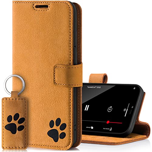 SURAZO Prestige Handyhülle für Samsung Galaxy S22 Ultra 5G – Echtleder Hülle mit Pfote Motiv – Wildleder Klapphülle mit Standfunktion, Kartenfach und Schlüsselring - Handmade RFID Schutzhülle (Camel) von SURAZO