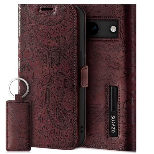 SURAZO Slim Magnet Handyhülle für Google Pixel 8a Hülle Leder – Klappbar Echtleder Schutzhülle [Kartenfach, RFID Schutz, Blumenmuster] Klapphülle Wallet Case Cover Lederhülle (Burgund) von SURAZO