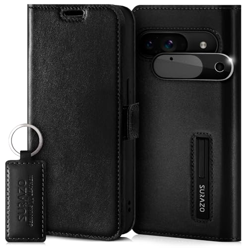 SURAZO Slim Magnet Handyhülle für Google Pixel 9 Hülle Leder – Klappbar Echtleder Schutzhülle [mit Kartenfach, RFID Schutz, Kameraschutz] Flip Klapphülle Wallet Case Cover Echt Lederhülle (Schwarz) von SURAZO