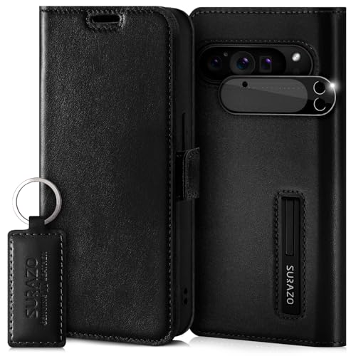 SURAZO Slim Magnet Handyhülle für Google Pixel 9 Pro XL Hülle Leder - Klappbar Echtleder Schutzhülle [mit Kartenfach, RFID Schutz, Kameraschutz] Flip Klapphülle Wallet Case Cover Lederhülle (Schwarz) von SURAZO