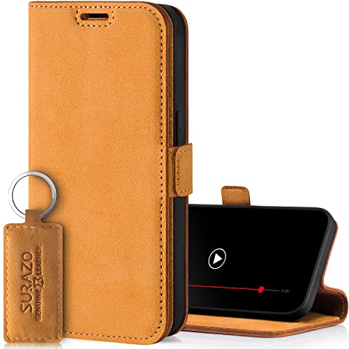 SURAZO Slim Magnet Handyhülle für Samsung Galaxy S23 FE Hülle Leder – Klappbar Echtleder Schutzhülle [Kartenfach, RFID Schutz, Keyring] Flip Klapphülle Wallet Case Cover Lederhülle (Camel) von SURAZO