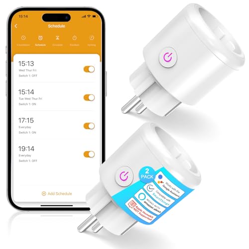 SURFOU WLAN Steckdose mit Strommessgerät, Smart Home Zeitschaltuhr Steckdose, 2.4 GHz WiFi Smart Plug Funktioniert mit Alexa, Google Home, Sprachsteuerung, Fernzugriff, Kein Hub Notwendig, 2 Packs von SURFOU