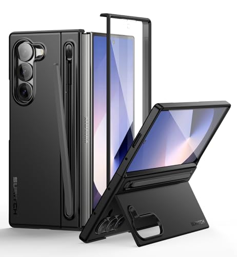 SURITCH Kompatibel mit Samsung Galaxy Z Fold 6 Hülle mit Displayschutzfolie & Ständer & S Pen Stifthalter(Kein Stift), Schutzhülle Stoßfest Handyhülle für Galaxy Z Fold 6 2024-Schwarz von SURITCH