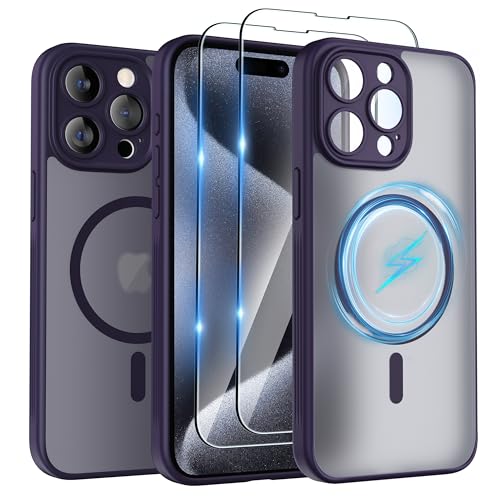 SURPHY für iPhone 15 pro Case (6,1") für MagSafe mit Schutzfolie, mit Vollständiger Kameraschutz, Stoßfest Matt Handyhülle iPhone 15 pro Hülle mit Magnete, Anti-Fingerabdruck, Lila von SURPHY