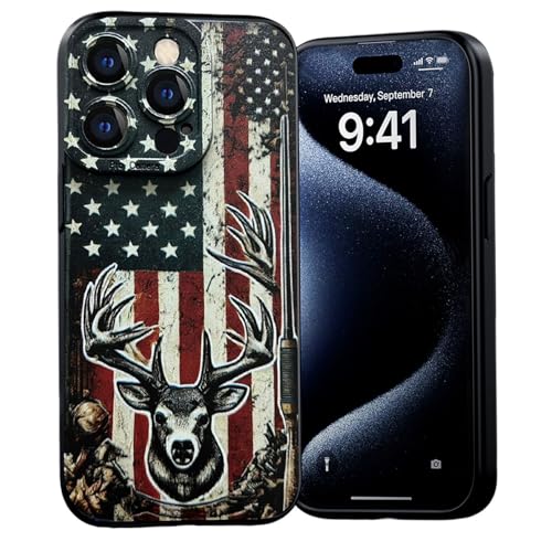 SUTON Handyhülle Kompatibel mit iPhone 15 Pro Max, Amerikanische Flagge Hunter Hirsch Muster Design Handyhülle für iPhone 15 Pro Max, Stoßfeste rutschfeste Anti-Kratzer Schutzhülle für Männer Jungen von SUTON