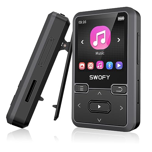32GB Clip MP3-Player Bluetooth 5.0, tragbarer Mini-Musikplayer mit FM-Radio, Aufnahmefunktion und Schrittzähler, MP3-Player für Kinder, TF-Kartenunterstützung, bis zu 128GB (Black) von SWOFY