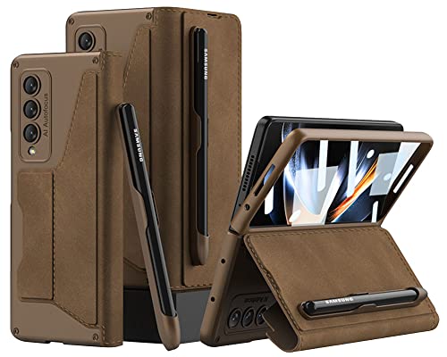 SWZ Kompatibel mit Samsung Galaxy Z Fold 4-5G Hülle(2022)+3D Panzerfolie[Ultra Dünne]-[Kartenfach]-[Stoßfeste] Leder Schutzhülle Handyhülle für Samsung Galaxy Z Fold 4-Braun von SWZ