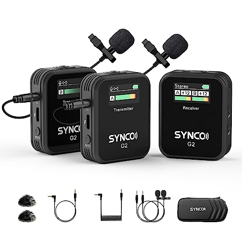 SYNCO Wireless Lavalier Mikrofon, G2(A2) 2.4GHz Ansteckmikrofon Kabellos 8H 200m Reichweite für Kamera mit Echtzeitüberwachung für Vlog YouTube von SYNCO