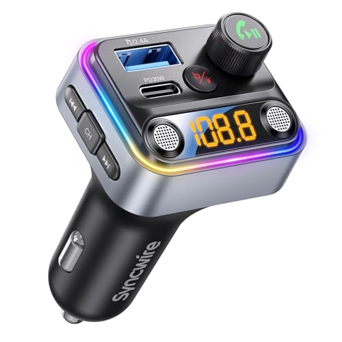 Syncwire Bluetooth 5.4 FM-Transmitter-Autoadapter 42W Ladegerät KFZ-Adapter [Lichtschalter] [Doppelmikrofon] [HiFi-Bass] [Schnellladung] Kabelloser FM-Radio-Musikadapter Freisprechfunktion, Silber von SYNCWIRE