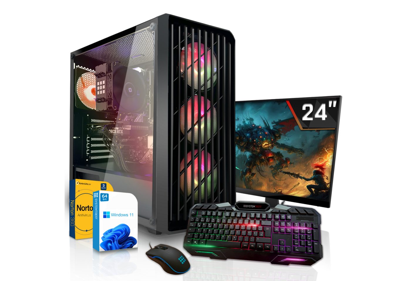 SYSTEMTREFF Basic Gaming-PC-Komplettsystem (24", AMD Ryzen 3 4100, GeForce RTX 3060, 16 GB RAM, 512 GB SSD, Windows 11, WLAN) von SYSTEMTREFF