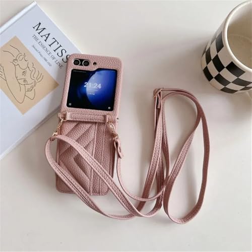 Crossbody Lanyard Wallet Handyhülle für Samsung Galaxy Z Flip6 Z Flip5 Z Flip4 Z Flip3 Kartenschlitzhalter Lederhülle, Pink, Für Samsung Galaxy Z Flip5 von SYZLLM