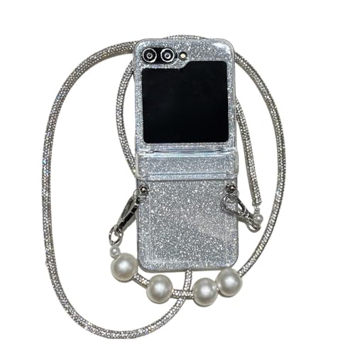 Glitzernde Perlen-Lanyard-Handyhülle für Samsung Galaxy Z Flip6 Z Flip5 Z Flip4 Z Flip3 Glänzende Kartentasche, Silber 1, Für Samsung Galaxy Z Flip 3 von SYZLLM