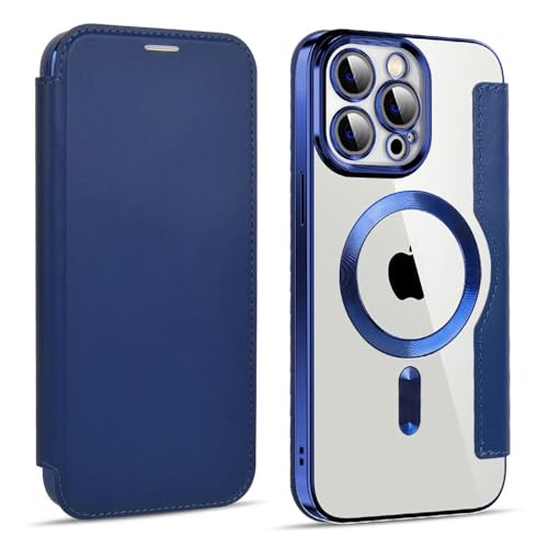 SYZLLM Leder-Kameraschutzhülle mit Kartenrille für iPhone 15 14 13 12 11 Pro Max 14 15 Plus Magnetische kabellose Ladegerät-Fallschutzhülle, Marineblau, für iPhone 15 Pro von SYZLLM