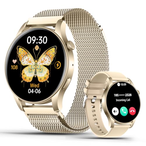 SZHELEJIAM Smartwatch Damen Telefonfunktion, 1.43" Amoled Always-On-Display, Armbanduhr mit Pulsuhr SpO2 Schlafmonitor Herzfrequenzmonitor Fitness Tracker für iOS Android Gold von SZHELEJIAM