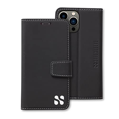 SafeSleeve EMF Schutz Anti-Strahlung iPhone 15 Pro MAX Hülle, RFID EMF-Blockierung, Kartenhalter Brieftasche, Veganes Leder, Verstellbarer Ständer, Handyhülle für Damen & Herren (Schwarz) von SafeSleeve