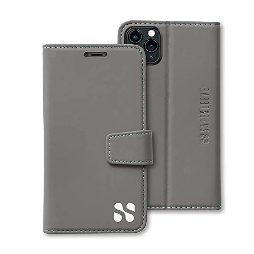 SafeSleeve EMF Schutz iPhone Hülle: iPhone 12 Pro RFID Blocking Card Holder Wallet, Verstellbarer Ständer Case, Veganes Leder für Damen & Herren (Grau) von SafeSleeve