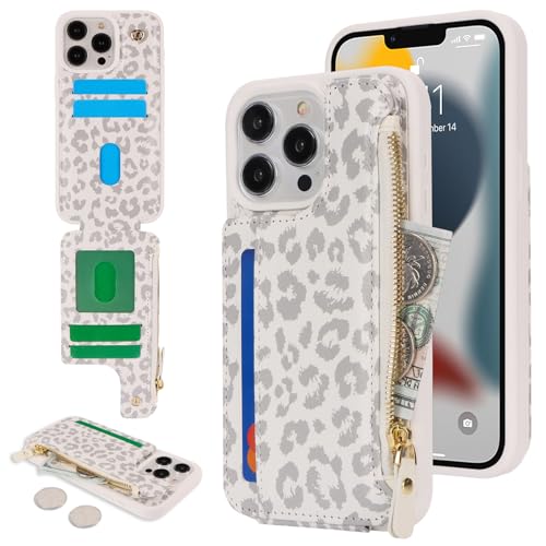 SailorTech Handyhülle für iPhone 13 Pro Max Etui mit Kartenfach, iPhone 13 Pro Max Hülle mit Kartenhalter, iPhone 13 Pro Max Handyhülle mit Reißverschluss Geldbörse - Weißer Leopard von SailorTech