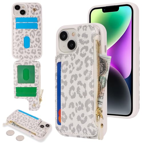 SailorTech Handyhülle für iPhone 14 Etui mit Kartenfach, iPhone 14 Hülle mit Kartenhalter, iPhone 14 Handyhülle mit Reißverschluss Geldbörse - Weißer Leopard von SailorTech