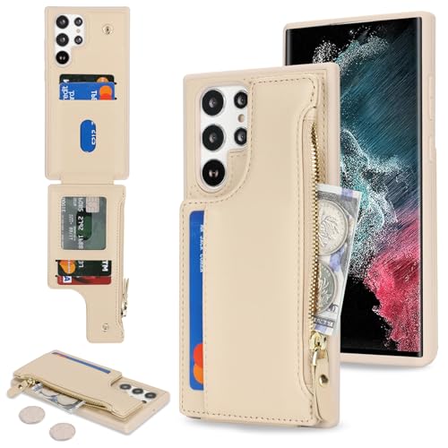 SailorTech Handyhülle für Samsung Galaxy S22 Ultra Etui mit Kartenfach, Samsung Galaxy S22 Ultra Hülle mit Kartenhalter, Samsung S22 Ultra Handyhülle mit Reißverschluss Geldbörse - Aprikose von SailorTech