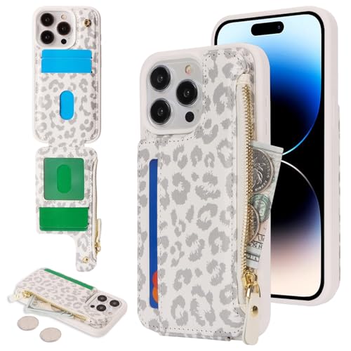 SailorTech Handyhülle für iPhone 14 Pro Etui mit Kartenfach, iPhone 14 Pro Hülle mit Kartenhalter, iPhone 14 Pro Handyhülle mit Reißverschluss Geldbörse - Weißer Leopard von SailorTech