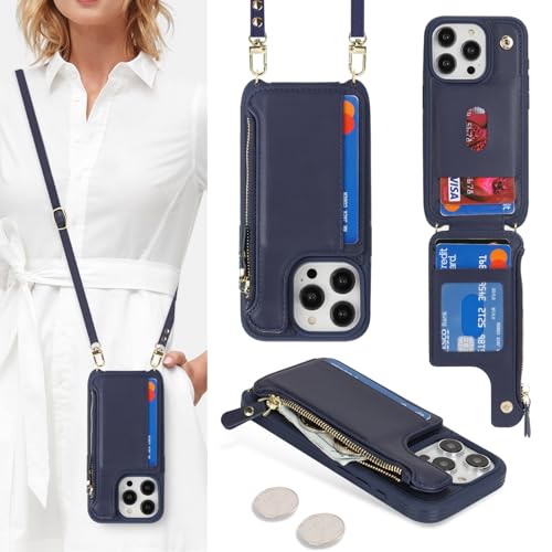 SailorTech Handyhülle für iPhone 15 Pro Etui mit Kartenfach, iPhone 15 Pro Hülle mit Verstellbarer Halskette, iPhone 15 Pro Handytasche mit Reißverschluss Geldbörse - Blau von SailorTech