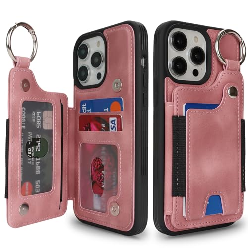 SailorTech Schutzhülle für iPhone 13 Pro Max, Handyhülle mit Ring, Kreditkartenfach für Damen, iPhone 13 Pro Max, Lederhülle, Brieftasche mit Ständer, Kartenfächern, modische Hülle für Herren, Rosa von SailorTech