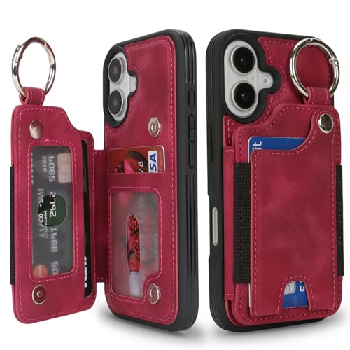 SailorTech Schutzhülle für iPhone 16, Handyhülle mit Ring, Kreditkartenfach für Damen, iPhone 16, Lederhülle, Brieftasche mit Ständer, Kartenfächern, modische Hülle für Herren, Weinrot von SailorTech