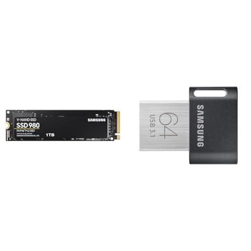 Samsung 980 NVMe M.2 SSD & FIT Plus USB-Stick Typ-A, 64 GB, 300 MB/s Lesen, 30 MB/s Schreiben, kompakter USB 3.1 Flash Drive mit Schlüsselring, Gray, MUF-64AB/APC von Samsung