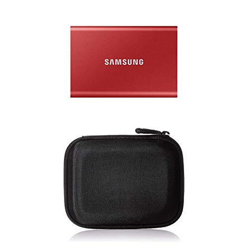 Samsung T7 Portable SSD - 500 GB - USB 3.2 Gen.2 Externe SSD Metallic Red (MU-PC500R/WW) + Amazon Basics Festplattentasche, schwarz von Samsung