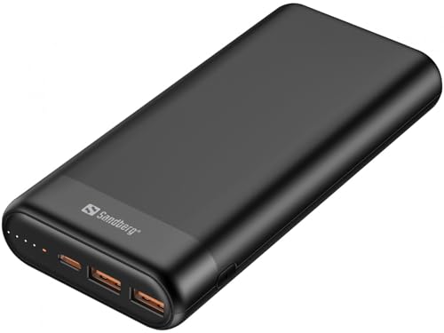 Sandberg Powerbank 20000 PD 65W + 2X QC 3.0, Tragbares Mobiles Ladegerät mit hoher Kapazität für Telefone, Tablets, Laptops, 8 Ladezyklen, Duales Laden, Back Up Batterie, Mobile Powerbank von Sandberg