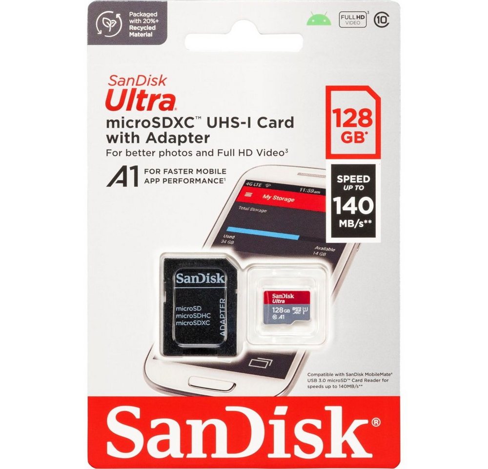 Sandisk Micro SDXC Karte 128GB Ultra Android UHS-I U1 140 MB/s A1 Class 10 Speicherkarte von Sandisk