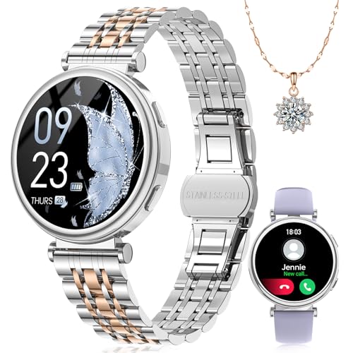 Sanorum Smartwatch Damen, 1.27" HD Voll Touchscreen Armbanduhr mit Telefonfunktion Menstruationszyklus SpO2 Pulsuhr Schrittzähler Kalorien Fitness Tracker IP68 iOS Android Silver, Halskette Damen von Sanorum