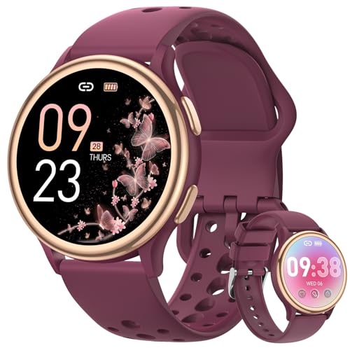 Sanorum Smartwatch Damen Rund, 1.27" Fitnessuhr mit Telefonfunktion, 70+ Sportmodi, IP68 Wasserdicht, 400+ Zifferblätter, Sportuhr 24/7 Pulsuhr SpO2 Schlafmonitor Fitness Tracker iOS Android Rotwein von Sanorum