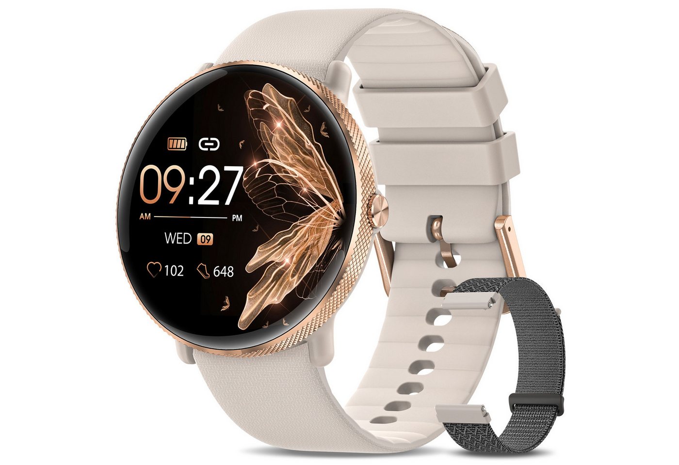 Sanorum Smartwatch Damen mit Telefonfunktion Smartwatch (3,63 cm/1,53 Zoll, AMOLED HD Voll Touch Screen) Armbanduhr mit SpO2 Pulsuhr Menstruationszyklus, Schlafmonitor Schrittzahler Kalorien Fitness Tracker, IP68 Wasserdicht für iOS Android von Sanorum