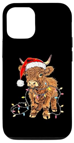 Hülle für iPhone 15 Niedliche Highland-Kuh Weihnachtsmann Weihnachtsbeleuchtung Weihnachten von Santa Highland Cattle Funny Christmas Farm Design