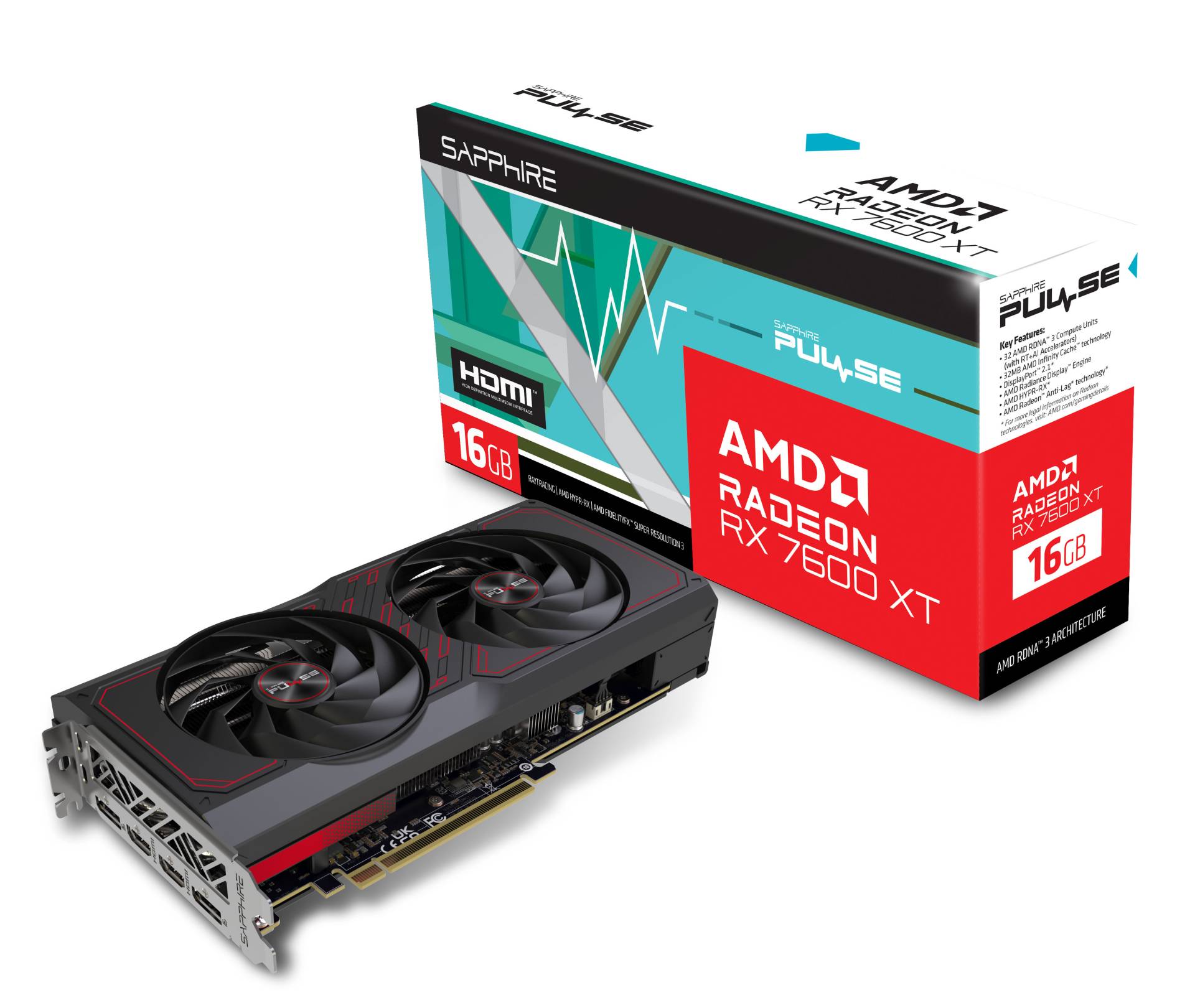 SAPPHIRE PULSE RADEON RX 7600 XT GAMING OC Grafikkarte - 16GB GDDR6, 2x HDMI, 2x DP von Sapphire