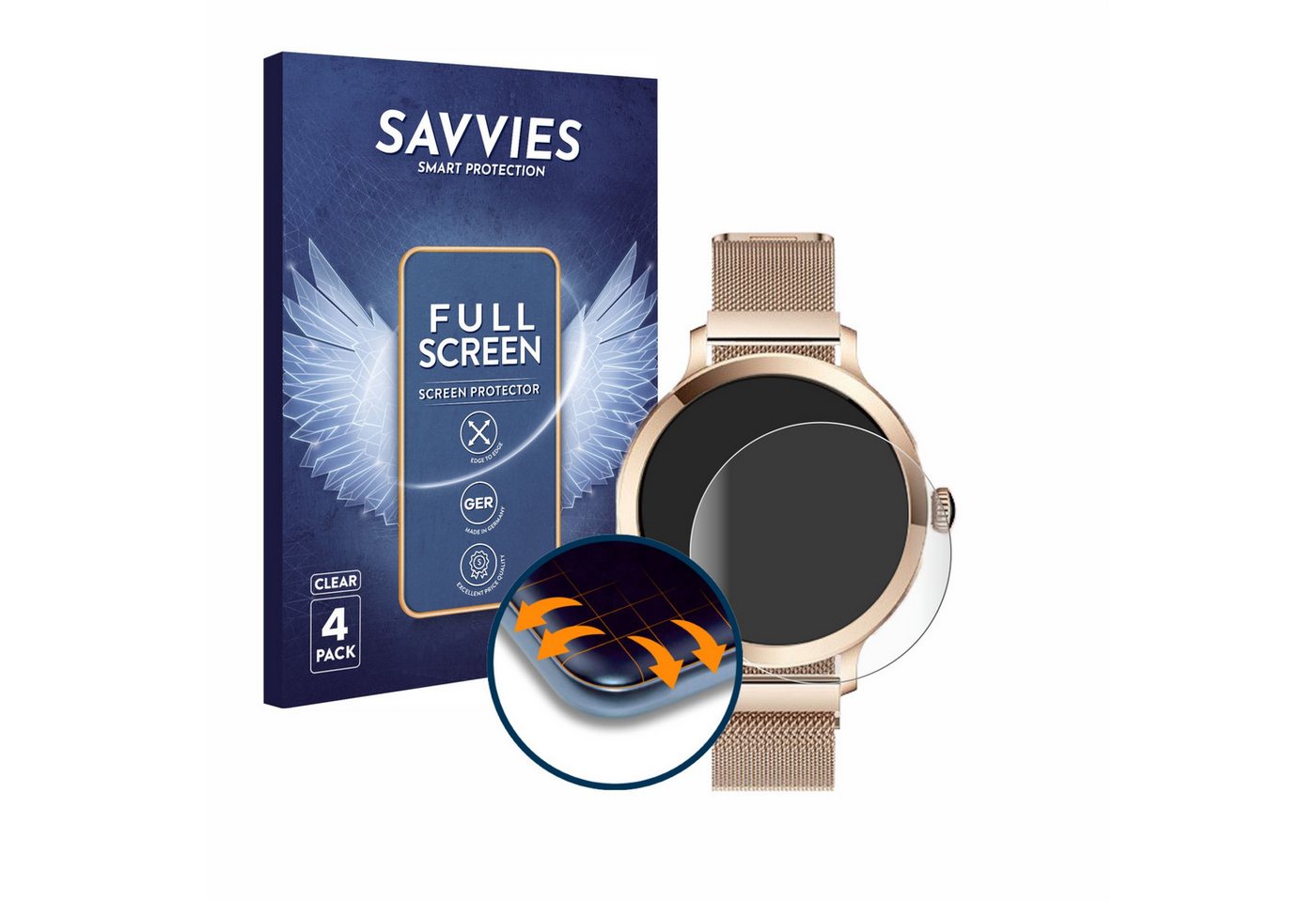 Savvies Displayschutzfolie Fullscreen Schutzfolie für Bekomiya Smartwatch 1.1", 4 Stück, Displayschutz Folie Fullcover Klar Transparent von Savvies