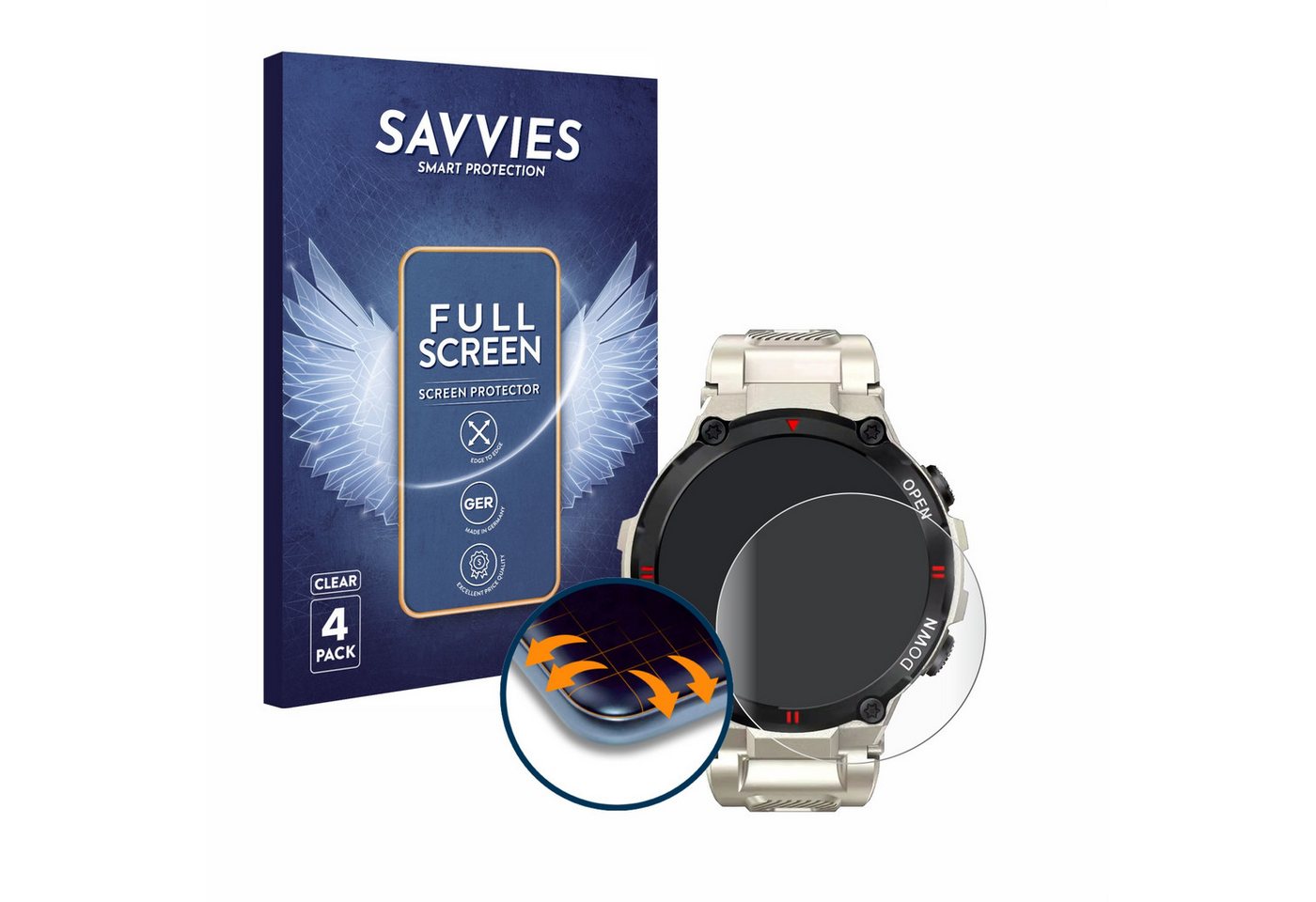 Savvies Displayschutzfolie Fullscreen Schutzfolie für Nasa Smartwatch BNA30119-003 (45.5 mm), 4 Stück, Displayschutz Folie Fullcover Klar Transparent von Savvies