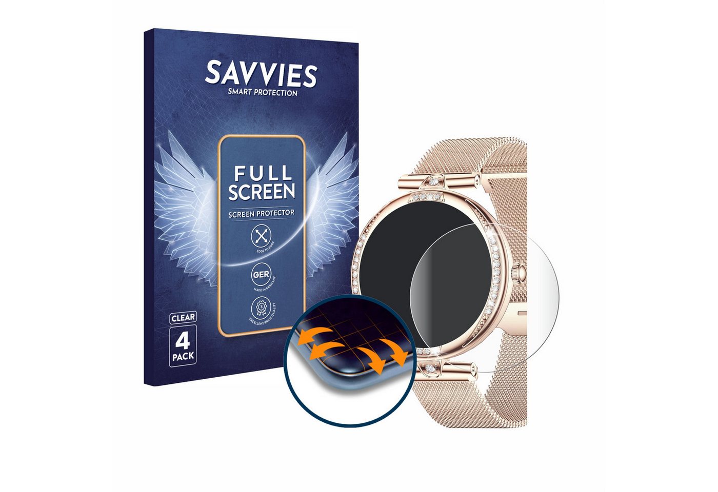 Savvies Displayschutzfolie Fullscreen Schutzfolie für Shepatio Smartwatch 1.19", 4 Stück, Displayschutz Folie Fullcover Klar Transparent von Savvies