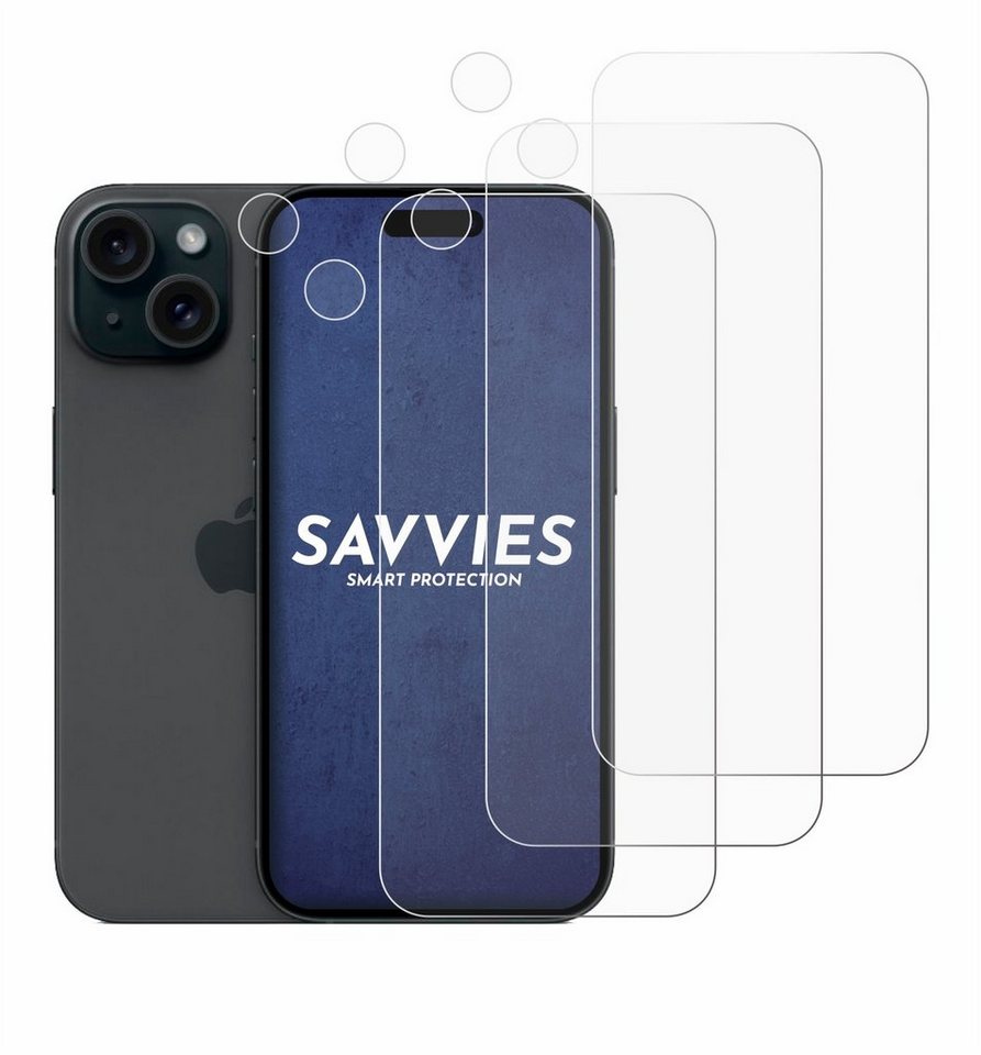 Savvies Schutzfolie für Apple iPhone 15 (Display+Kamera), Displayschutzfolie, 6 Stück, Folie klar von Savvies