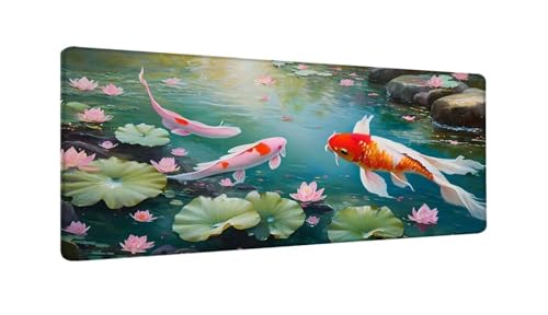 Schreibtischunterlage 120x60 cm XXL Mauspad Fisch-Lotus-Teich Mousepad mit Genähten Kanten, Wasserfest Mouse Pad mit rutschfeste Unterseite, Desk Zubehör für Büro Zimmer Deko, Geschenke W-464 von Saweefog