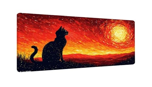 Schreibtischunterlage 120x60 cm XXL Mauspad Sonnenuntergang Katze Mousepad mit Genähten Kanten, Wasserfest Mouse Pad mit rutschfeste Unterseite, Desk Zubehör für Büro Zimmer Deko, Geschenke W-308 von Saweefog