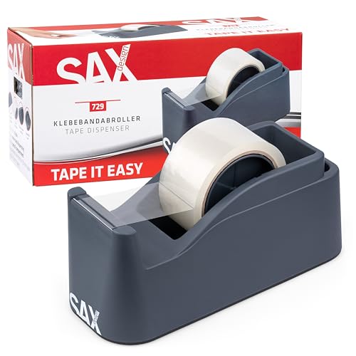SAX Tape it Easy XXL Einhand Klebeband Abroller extra Schwer | für 1x 50mm Band oder 2x 25mm Band, Paketbandabroller mit Stiftehalter Funktion, rutschfest, inkl. doppelseitige Klinge, Anthrazit von Sax