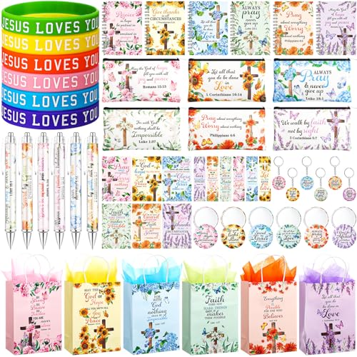 Sayglossy 54-teiliges christliches Geschenk-Set mit Bibel-Notizbuch, Kugelschreiber, Kosmetiktaschen, Bibelvers, Papiertüten, religiöses Lesezeichen und Geschenkkarte, Armband, Schlüsselanhänger für von Sayglossy