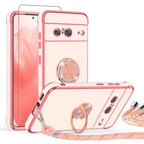 ScandiCasis Handykette Hülle für Google Pixel 8 mit Band und Schutzfolie, Stoßfeste, Love Design Galvanik Silikon Case Bumper mit Kordel und Ring Ständer für Google Pixel 8,Rosa von ScandiCasis