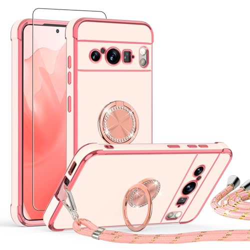 ScandiCasis Handykette Hülle für Google Pixel 9/9 Pro mit Band und Schutzfolie, Stoßfeste, Love Design Galvanik Silikon Case Bumper mit Kordel und Ring Ständer für Google Pixel 9/9 Pro,Rosa von ScandiCasis