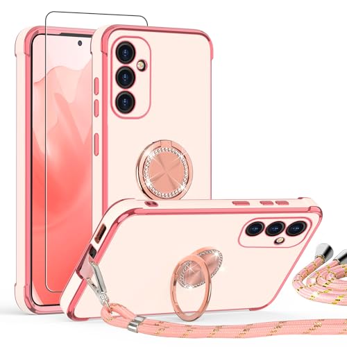 ScandiCasis Handykette Hülle für Samsung Galaxy A13 5G / A04S / M13 5G mit Band und Schutzfolie, Stoßfeste, Love Design Galvanik Silikon Case Bumper mit Kordel und Ring Ständer,Rosa von ScandiCasis